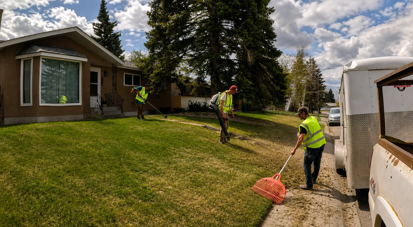 Somerset crew member doing yard work on a Calgary property